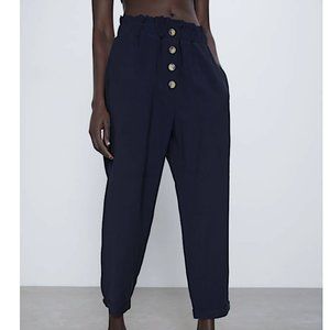 Zara Buttoned "Paperbag" High Waisted Navy Pants